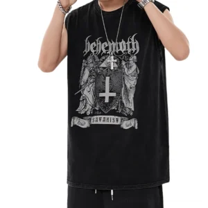 Vintage washed gothic tank top styled with cross necklace and accessories, grunge sleeveless tee on model
