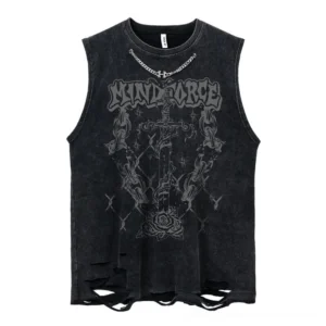Sword and rose gothic tank top with attached silver chain detail, front view on flat lay showing graphic print and distressed hem