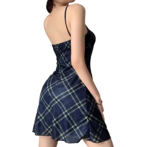 Backless gothic plaid mini dress with ruffled hem - back view showing open back design
