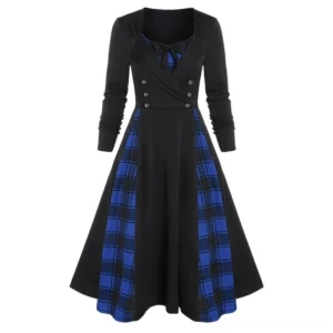 Blue tartan patchwork gothic swing dress front view with bow collar and metal buttons on white background