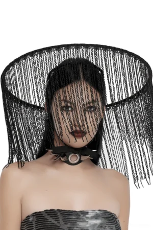Black gothic mesh tassel hat with chain fringe worn by model in front view, alternative fashion headwear