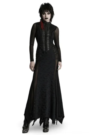 Black gothic tattered mesh pleated maxi dress front full body view, featuring sheer mesh sleeves, structured pleated corset front with metal studs, lace detailing at waist, and distressed hem with side splits