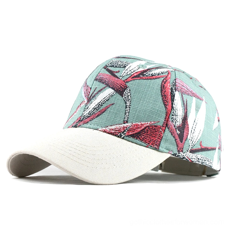 Teal dark gothic baseball cap with bird of paradise red tropical leaf prints, moody botanical design