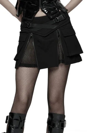 Black gothic techwear cargo skirt with adjustable front zippers and mesh panel, worn with fishnet stockings and boots - front oblique view