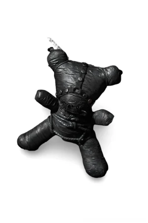 Black goth teddy bear plush with leather-like harness straps and punk aesthetic - side oblique angle