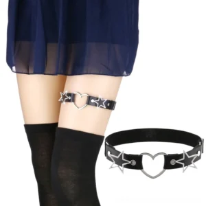 Gothic heart and star thigh harness garter belt worn on female model, front view with black PU leather and silver metal accents
