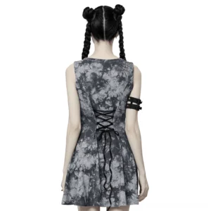 Back view of gothic tie-dye dress showing corset-style lace-up ribbon detail and flared A-line silhouette