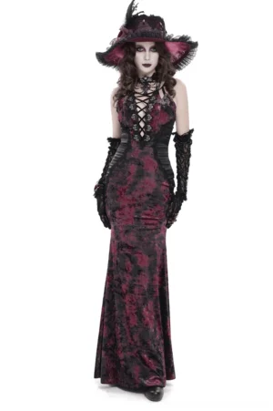 Black and burgundy tie-dye gothic mermaid maxi dress with lace-up halter neckline worn by model in front view