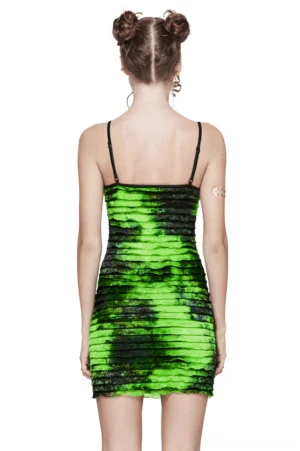 Back full-body shot of black tie-dye ruffle gothic dress showing spaghetti straps and layered ruffle texture