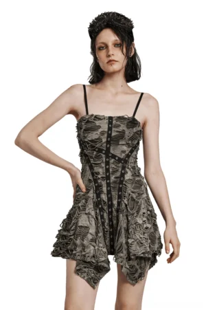 Black coffee tie-dye gothic slip dress front view on model, asymmetrical handkerchief hem, adjustable straps