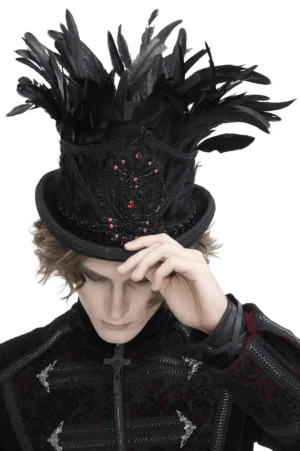 Black feathered top hat with red gemstone embroidery front view on male model