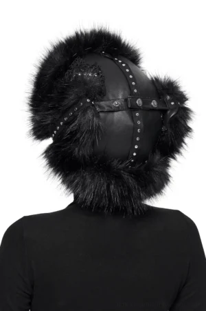 Back view of black gothic trapper hat displaying studded leather straps and plush construction