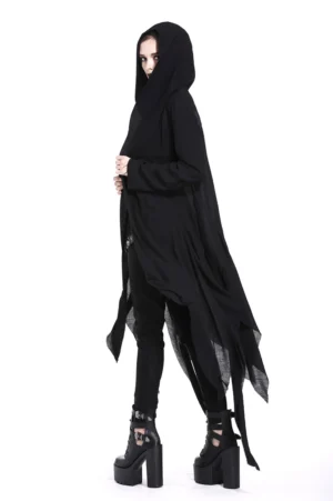 Side profile of goth punk hooded long coat with flowing floor-length silhouette and tattered hem