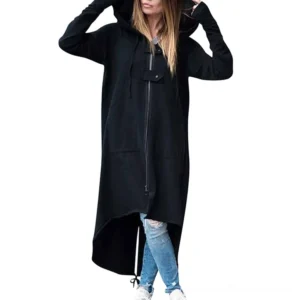 Women's black gothic hooded trench coat with front zipper and asymmetric hem - front three-quarter view