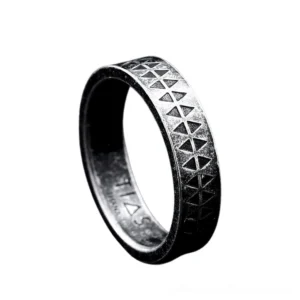 Gothic geometric triangle engraved stainless steel band ring, left side profile view with distressed black-silver finish
