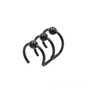 Black matte stainless steel gothic triple hoop piercing flat lay on white background, edgy unisex body jewelry