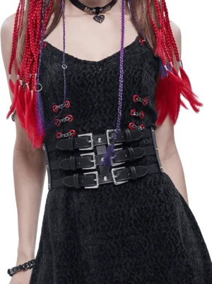 Triple-strap gothic corset belt front view on model with riveted buckles and silver metal hardware