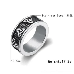 Stainless steel triquetra ring specifications display showing 316L material, 10.5mm band width, and 17.2g total weight