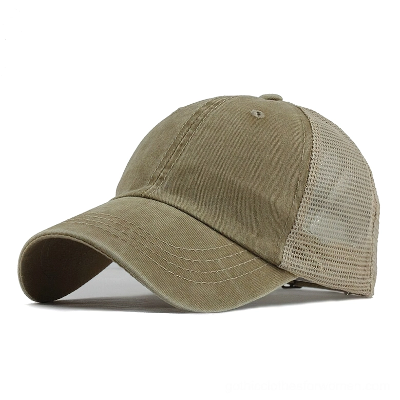 Beige washed gothic trucker cap with mesh panels, unisex adjustable baseball hat for alternative style