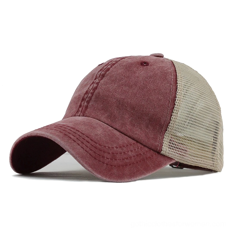 Burgundy washed trucker baseball cap with beige mesh back and adjustable strap closure for gothic alternative style