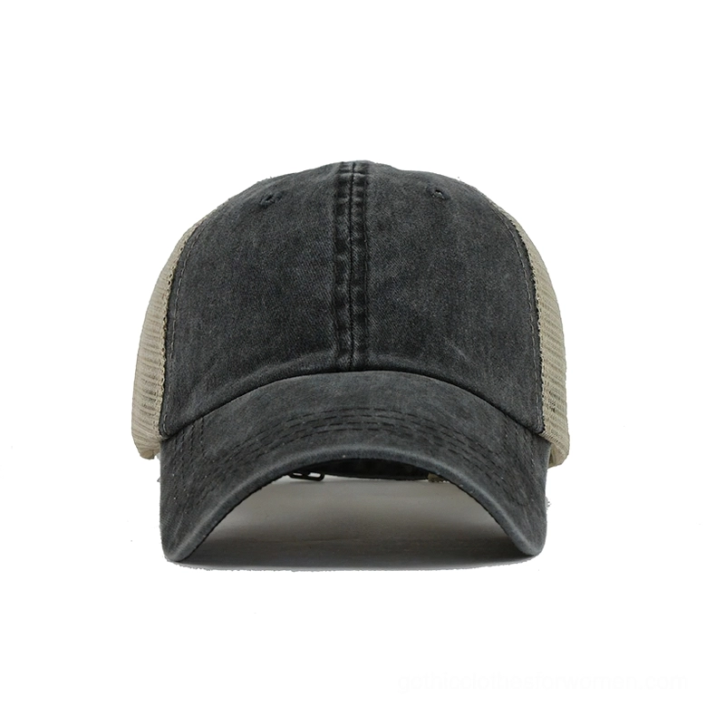 Charcoal gray washed gothic trucker cap front view with six-panel design and beige mesh side panels