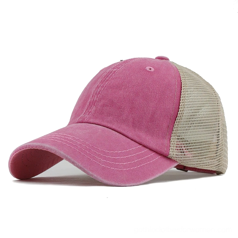 Hot pink washed gothic trucker cap with beige mesh back and curved stitched brim, alternative fashion style