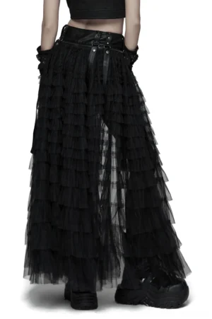 Rear view of black gothic 2-in-1 skirt-shorts set showcasing floor-length tiered tulle layers and studded leather waist belt