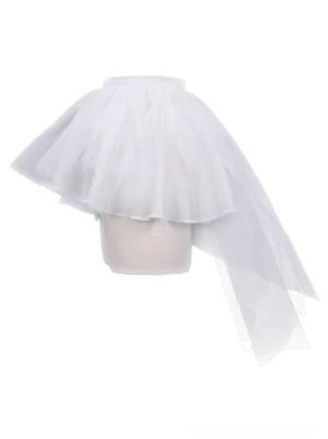 Layered mesh tulle gothic skirt with dramatic trailing hemline, left side view showing asymmetrical design