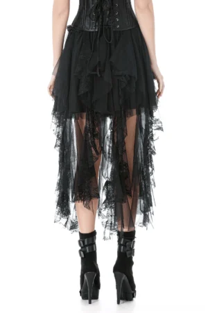 Gothic high-low tulle skirt full lower body view paired with heeled boots on model