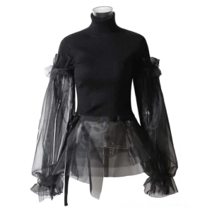 Gothic black turtleneck sweater on mannequin displaying ribbed knit bodice and asymmetrical mesh peplum hem