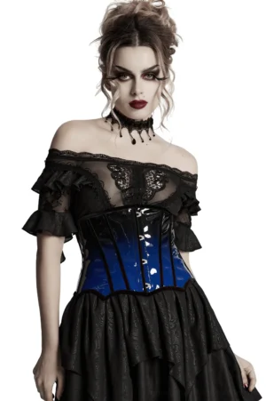 Blue-black gradient patent leather gothic underbust corset front view on model, glossy finish with metal buckles and vertical panel design