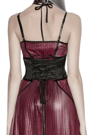 Gothic underbust corset with adjustable lace-up back closure and burgundy dress, back half-body shot on model