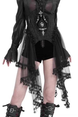 Black gothic underbust corset with tulle skirt and lace trim worn by female model in front view, displaying full silhouette and metal gothic ornaments