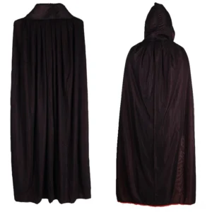 Hooded vampire cape with drawstring closure and red inner lining, full-length gothic dracula cloak