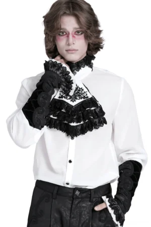 Gothic velvet arm warmers with ruffled lace cuffs paired with matching formal goth outfit on male model, full front view