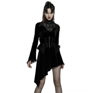 Black velvet gothic asymmetrical dress with lace-up corset back and ruffled stand collar, front full-body view on model