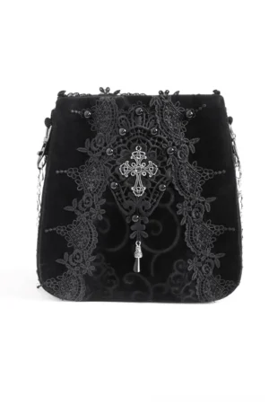 Front flat view of black velvet gothic shoulder bag featuring delicate lace trim and ornamental silver cross charm detail
