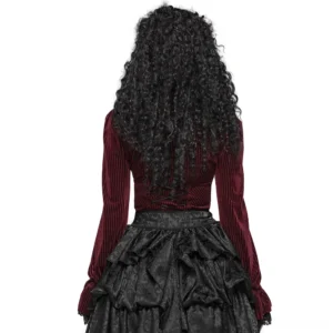Gothic striped velvet blouse back view showcasing black lace-up corset back panel