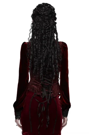 Gothic velvet blouse back view featuring black satin lace-up corset design with long sleeves