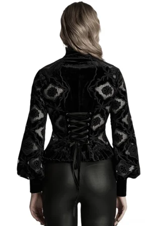 Black velvet gothic blouse back view showing corset-style lace-up back closure with floral embroidery and mesh panels