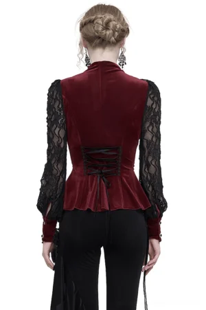 Gothic wine red velvet blouse with corset lace-up back design and fitted silhouette - back view