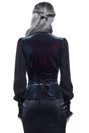 Gothic velvet blouse back view on model with braided hair, displaying lace-up corset back and high stand collar with eyelash lace trim