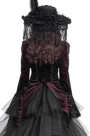Gothic velvet blouse with corset lace-up back and ruffled high collar - rear full body view