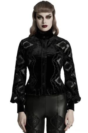 Black velvet gothic blouse front view on model, featuring ruffled high collar, floral embroidered mesh panels, and rose-shaped buttons