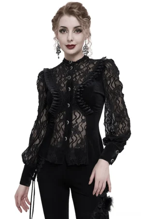 Black velvet lace gothic blouse with stand collar - front three-quarter view on model showing architectural neckline and sheer ruffled lace sleeves
