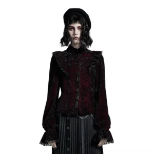 Velvet lace-up gothic blouse with burgundy and black jacquard front view on model wearing black beret