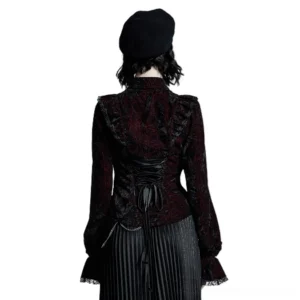 Gothic burgundy black velvet blouse rear view showing corset lace-up back design on model
