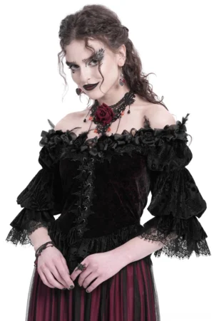 Gothic wine red velvet off-shoulder blouse front view with ruffled lace-up corset detail and puffed sleeves on model