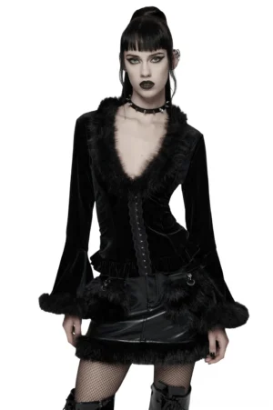Black velvet lace-up gothic cardigan with faux fur trim - front full-body view on model showcasing flared bell sleeves and elegant silhouette
