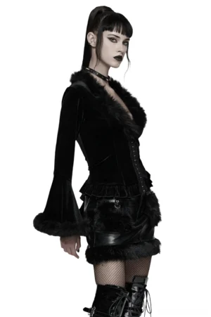 Gothic cardigan with corset lace-up back detail - side view on model displaying faux fur collar and dramatic bell sleeves for alternative fashion